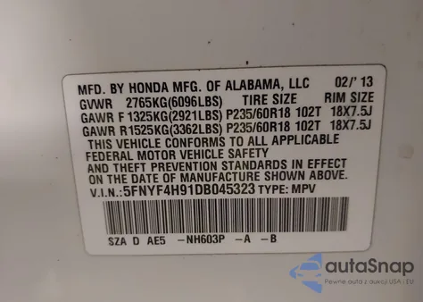 2013 Honda Pilot Touring from USA, damaged, VIN 5FNYF4H91DB045323